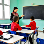 **

A brightly lit, modern school classroom in Turkmenistan. Students are engaged, using laptops and interactive whiteboards. The teacher is smiling and helping a student. The classroom design encourages collaboration and creativity, featuring colorful decorations and comfortable seating. The overall atmosphere is positive and reflects a focus on technology and innovation in education.

**