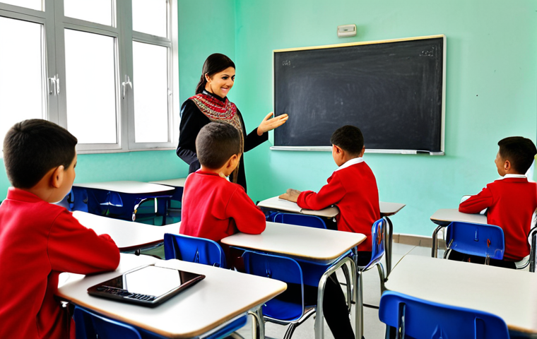**

A brightly lit, modern school classroom in Turkmenistan. Students are engaged, using laptops and interactive whiteboards. The teacher is smiling and helping a student. The classroom design encourages collaboration and creativity, featuring colorful decorations and comfortable seating. The overall atmosphere is positive and reflects a focus on technology and innovation in education.

**