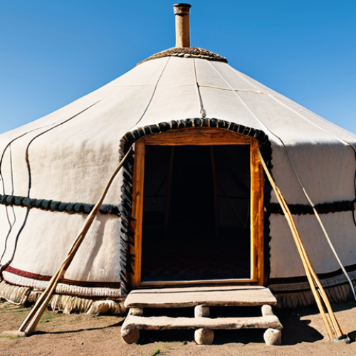 Home 18 A traditional Turkmen Yurt tent, expertly crafted from natural wood and thick felt made from sheep wool, standing gracefully on the vast, sun-drenched Central Asian steppe. The Yurt showcases its circular wooden frame and sturdy rope details, blending seamlessly with the rugged desert landscape under a clear sky, symbolizing ancient nomadic wisdom and sustainable living. Professional photography, high quality, detailed, realistic, fully clothed, safe for work, appropriate content, family-friendly, perfect anatomy, correct proportions, natural pose.