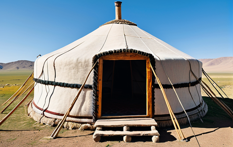 A traditional Turkmen Yurt tent, expertly crafted from natural wood and thick felt made from sheep wool, standing gracefully on the vast, sun-drenched Central Asian steppe. The Yurt showcases its circular wooden frame and sturdy rope details, blending seamlessly with the rugged desert landscape under a clear sky, symbolizing ancient nomadic wisdom and sustainable living. Professional photography, high quality, detailed, realistic, fully clothed, safe for work, appropriate content, family-friendly, perfect anatomy, correct proportions, natural pose.