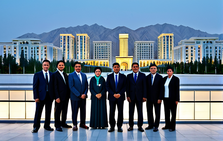 A contemporary cityscape of Ashgabat, Turkmenistan, at dusk, showcasing modern, resilient architecture with a focus on strong, earthquake-resistant design. The buildings feature clean lines and robust materials, symbolizing stability and progress. In the foreground, a group of diverse adults, fully clothed in professional, modest business attire, stand together, engaged in a confident, natural pose, reflecting community strength and shared vision. The lighting is soft and inviting, highlighting the city's commitment to safety and innovation. Perfect anatomy, correct proportions, well-formed hands, proper finger count. High-resolution, professional photography, appropriate content, safe for work, fully clothed, family-friendly.