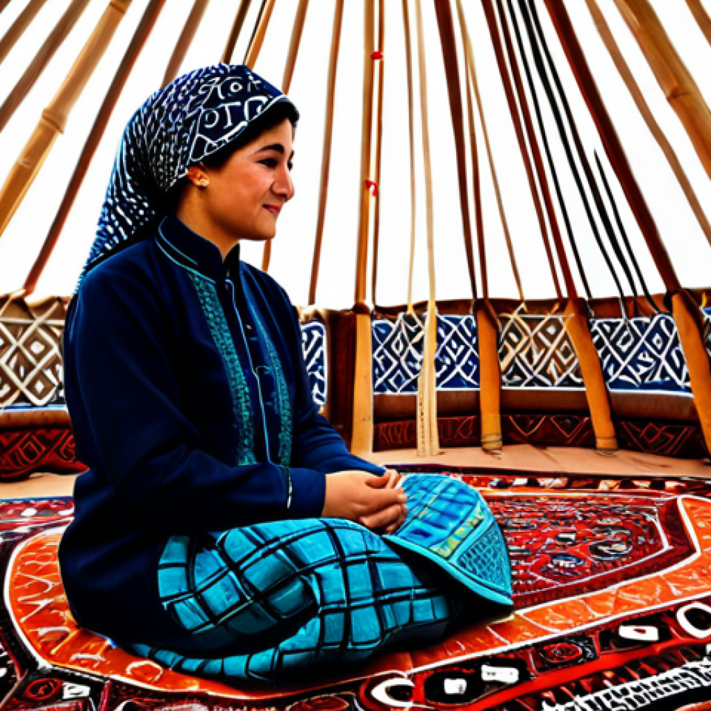 A Turkmen woman in traditional, modest patterned dress and headscarf, meticulously weaving a vibrant Turkmen rug inside a spacious, beautifully decorated yurt. Natural light streams in from the top opening, illuminating the intricate details of the rug. The yurt's wooden frame and felt coverings are visible. The atmosphere is calm and focused. perfect anatomy, correct proportions, natural pose, well-formed hands, proper finger count, natural body proportions, professional photography, high quality, realistic, safe for work, appropriate content, fully clothed, modest, family-friendly.