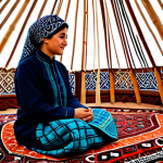 A Turkmen woman in traditional, modest patterned dress and headscarf, meticulously weaving a vibrant Turkmen rug inside a spacious, beautifully decorated yurt. Natural light streams in from the top opening, illuminating the intricate details of the rug. The yurt's wooden frame and felt coverings are visible. The atmosphere is calm and focused. perfect anatomy, correct proportions, natural pose, well-formed hands, proper finger count, natural body proportions, professional photography, high quality, realistic, safe for work, appropriate content, fully clothed, modest, family-friendly.