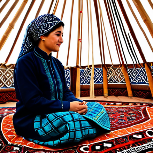 Home 8 A Turkmen woman in traditional, modest patterned dress and headscarf, meticulously weaving a vibrant Turkmen rug inside a spacious, beautifully decorated yurt. Natural light streams in from the top opening, illuminating the intricate details of the rug. The yurt's wooden frame and felt coverings are visible. The atmosphere is calm and focused. perfect anatomy, correct proportions, natural pose, well-formed hands, proper finger count, natural body proportions, professional photography, high quality, realistic, safe for work, appropriate content, fully clothed, modest, family-friendly.