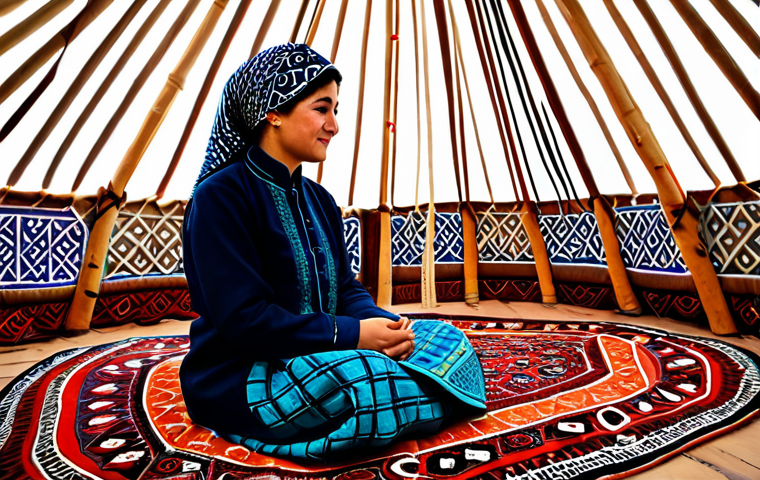 A Turkmen woman in traditional, modest patterned dress and headscarf, meticulously weaving a vibrant Turkmen rug inside a spacious, beautifully decorated yurt. Natural light streams in from the top opening, illuminating the intricate details of the rug. The yurt's wooden frame and felt coverings are visible. The atmosphere is calm and focused. perfect anatomy, correct proportions, natural pose, well-formed hands, proper finger count, natural body proportions, professional photography, high quality, realistic, safe for work, appropriate content, fully clothed, modest, family-friendly.
