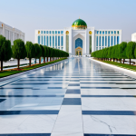 투르크메니스탄 이주 생활 - **Ashgabat Architecture:** "A wide, clean street scene in Ashgabat, Turkmenistan, showcasing the whi...