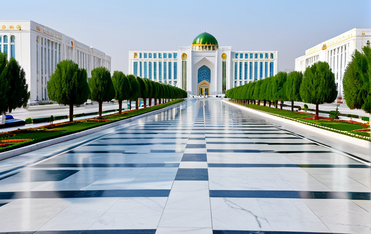 투르크메니스탄 이주 생활 - **Ashgabat Architecture:** "A wide, clean street scene in Ashgabat, Turkmenistan, showcasing the whi...