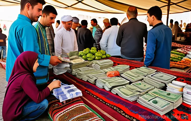투르크메니스탄 환전 정보 - Image Prompt 1: Bustling Turkmen Bazaar - Cash is King**