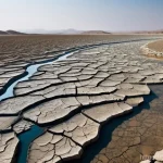 투르크메니스탄에서의 환경 문제 - A poignant scene depicting severe water scarcity in a rural area of Turkmenistan. In the foreground,...