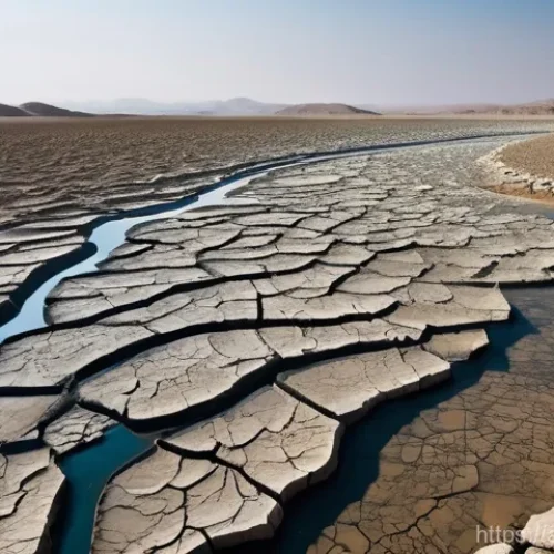 투르크메니스탄에서의 환경 문제 - A poignant scene depicting severe water scarcity in a rural area of Turkmenistan. In the foreground,...