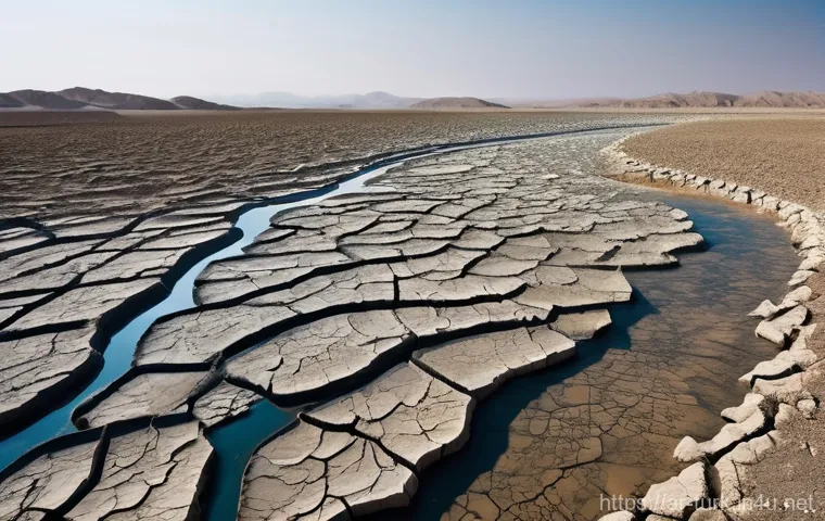 투르크메니스탄에서의 환경 문제 - A poignant scene depicting severe water scarcity in a rural area of Turkmenistan. In the foreground,...