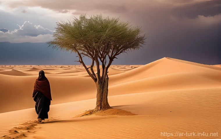 투르크메니스탄에서의 환경 문제 - A poignant scene depicting severe water scarcity in a rural area of Turkmenistan. In the foreground,...