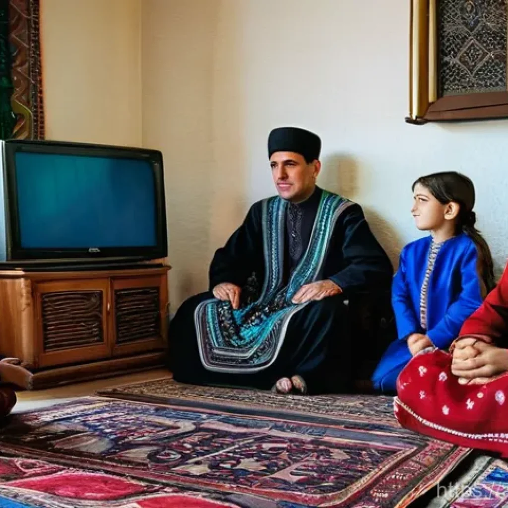 투르크메니스탄의 주요 언론사 - **Prompt: A Turkmen Family Watching State Television**
    "A Turkmen family, consisting of a mother...
