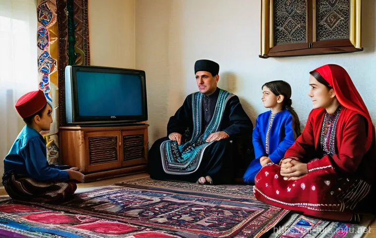 투르크메니스탄의 주요 언론사 - **Prompt: A Turkmen Family Watching State Television**
    "A Turkmen family, consisting of a mother...