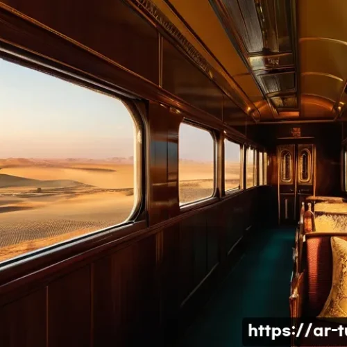 투르크메니스탄 철도 여행 - **Prompt:** "A majestic, vintage-style Turkmen passenger train, gleaming under the golden light of e...