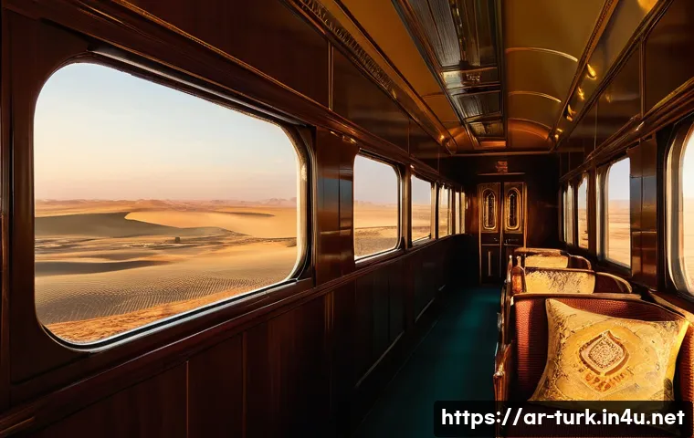 투르크메니스탄 철도 여행 - **Prompt:** "A majestic, vintage-style Turkmen passenger train, gleaming under the golden light of e...