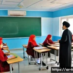 투르크메니스탄에서의 교육적 자원 - A modern classroom in Turkmenistan showing a blend of traditional and high-tech educational infrastr...