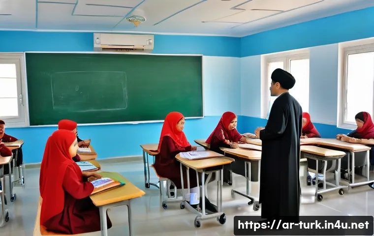 투르크메니스탄에서의 교육적 자원 - A modern classroom in Turkmenistan showing a blend of traditional and high-tech educational infrastr...