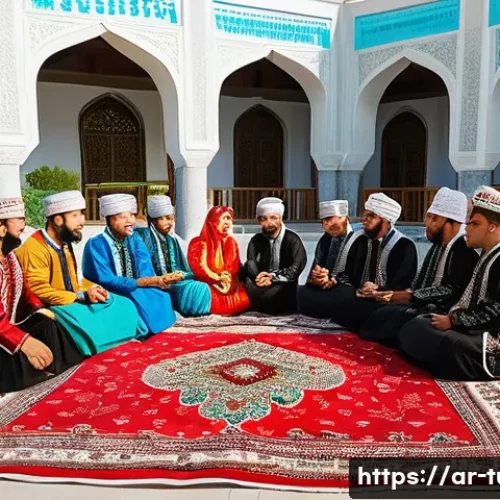 Home 30 투르크메니스탄에서의 외국인 생활 - A vibrant traditional Turkmen wedding celebration scene in Ashgabat, featuring men and women dressed...