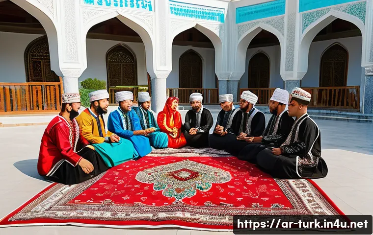 투르크메니스탄에서의 외국인 생활 - A vibrant traditional Turkmen wedding celebration scene in Ashgabat, featuring men and women dressed...