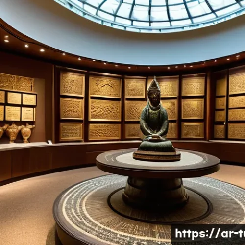 Home 17 투르크메니스탄 유물 박물관 - A richly detailed museum interior showcasing ancient Central Asian artifacts from Turkmenistan, feat...