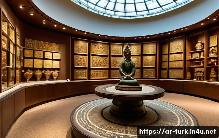 투르크메니스탄 유물 박물관 - A richly detailed museum interior showcasing ancient Central Asian artifacts from Turkmenistan, feat...