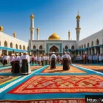 투르크메니스탄 관광 산업의 성장 - A vibrant scene of a traditional Turkmen cultural festival in Ashgabat, featuring men and women in c...