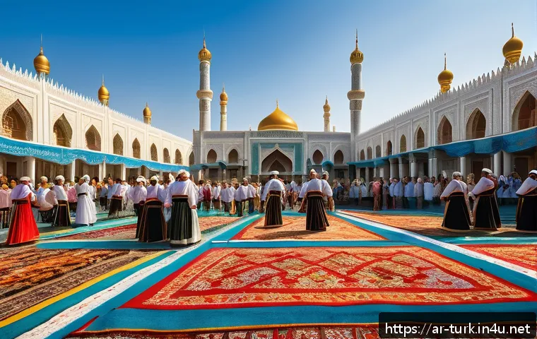 투르크메니스탄 관광 산업의 성장 - A vibrant scene of a traditional Turkmen cultural festival in Ashgabat, featuring men and women in c...