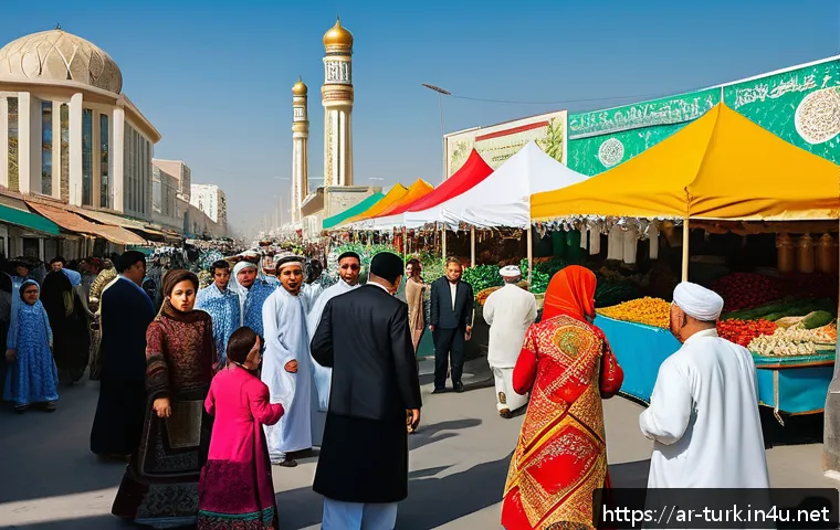 투르크메니스탄 주요 언어 - A vibrant street market scene in Ashgabat, Turkmenistan, showcasing a multicultural crowd of men, wo...