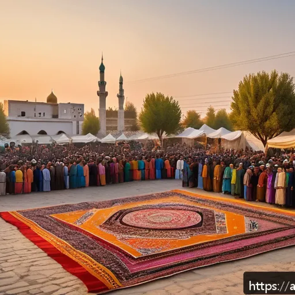 투르크메니스탄 언어의 진화 - A vibrant Turkmen cultural festival scene set in a traditional village square during sunset, featuri...