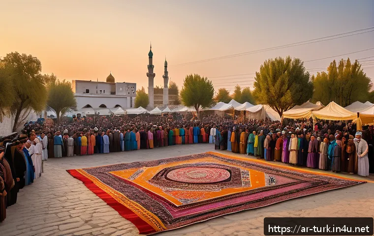 투르크메니스탄 언어의 진화 - A vibrant Turkmen cultural festival scene set in a traditional village square during sunset, featuri...