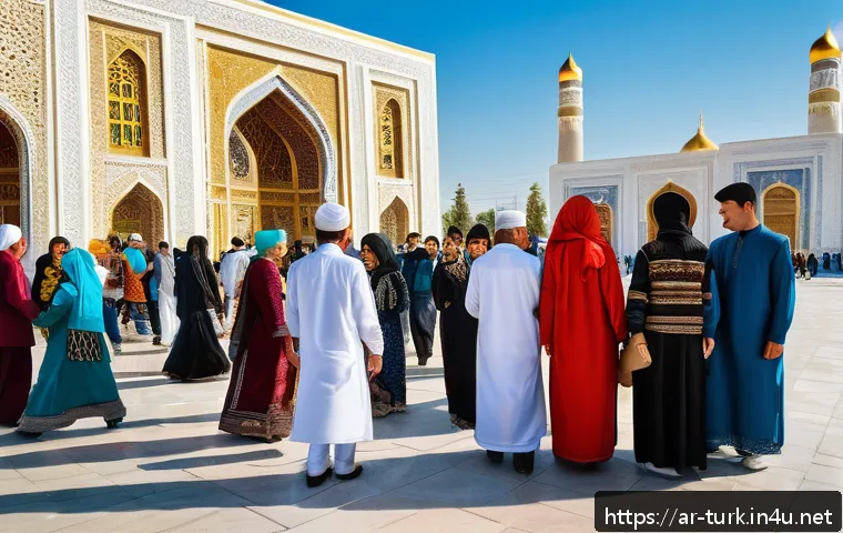 투르크메니스탄에서의 교환학생 생활 - A culturally immersive scene showing a diverse group of international university students in Turkmen...