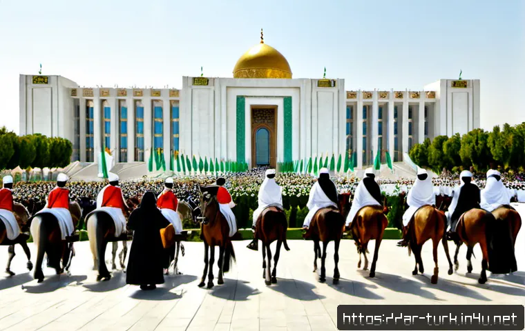 투르크메니스탄 공휴일 - Photorealistic wide-angle scene of Turkmenistan Independence Day celebrations in Ashgabat, grand whi...