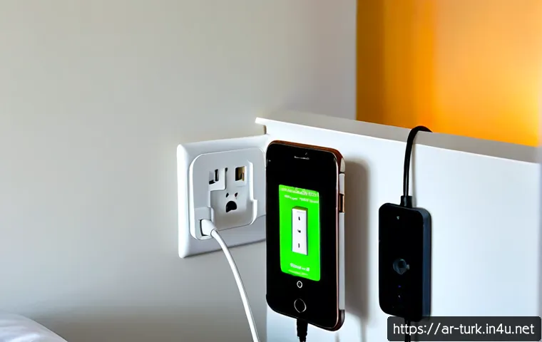 투르크메니스탄 전기 및 플러그 정보 - Photorealistic travel electricity setup in a clean hotel room in Ashgabat, Turkmenistan: close-up of...
