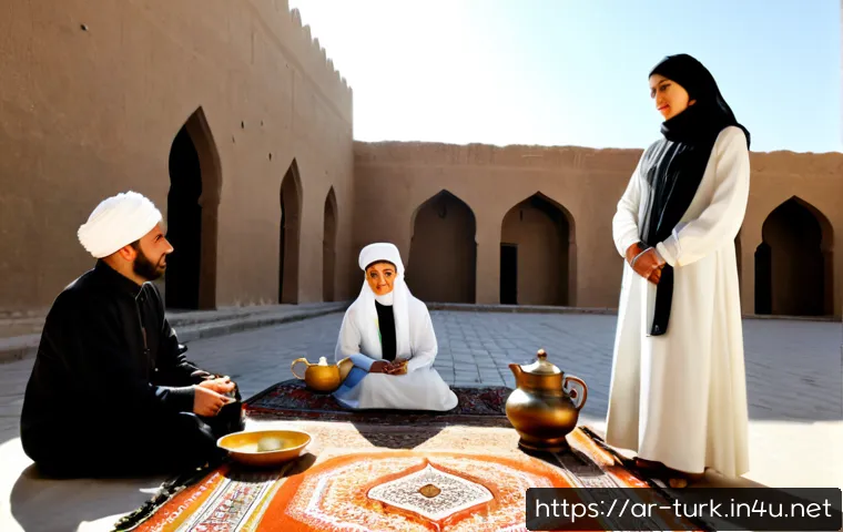 투르크메니스탄 문화의 독특한 점 - Photorealistic cultural scene in Turkmenistan: an elegant family gathering in a sunlit traditional c...