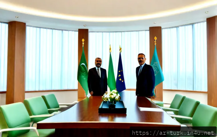 투르크메니스탄과 유럽 관계 - Photorealistic diplomatic meeting between Turkmen and European representatives in a bright modern co...