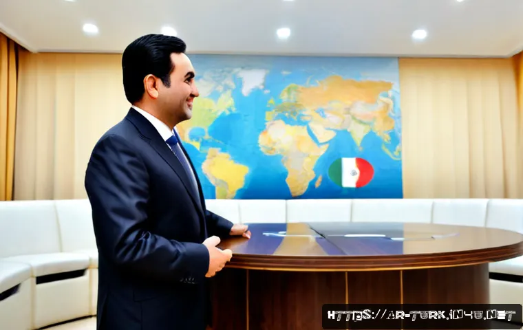 투르크메니스탄과 인접국 관계 - Photorealistic diplomatic meeting in a modern Central Asian conference room, a Turkmen representativ...