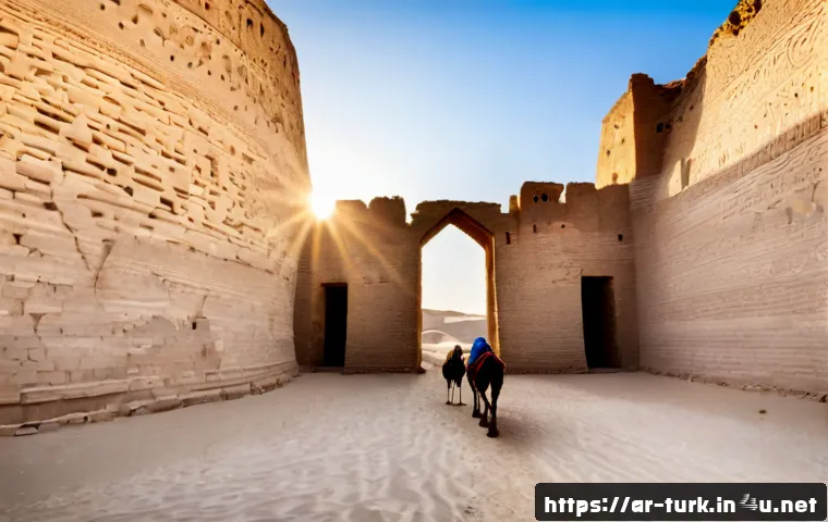투르크메니스탄 고대 역사 - Photorealistic sunrise over the ancient ruins of Merv in Turkmenistan, vast mud-brick fortress walls...