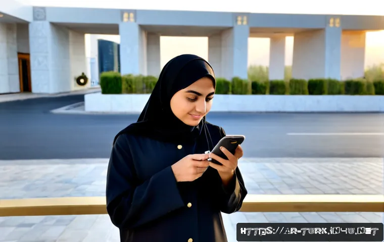 투르크메니스탄 인터넷 사용법 - Photorealistic Arab traveler in modest contemporary clothing using a smartphone with a blank, unread...